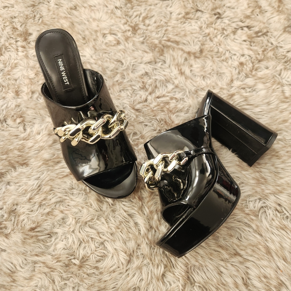 Nine West Relee Slip-on Rounded Open Toe Chain Detail Platform Sandals Black 6.5
